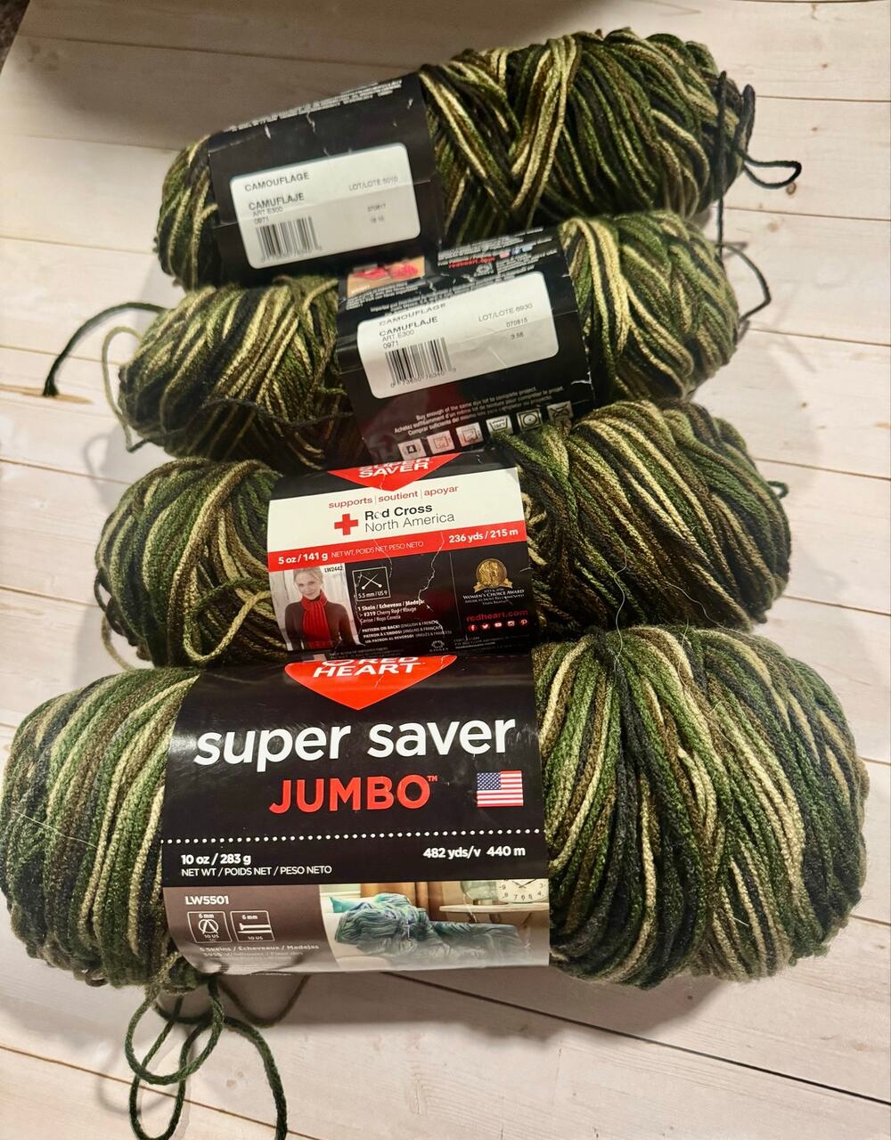Lot of 4 Red Heart Super Saver Yarn Skein:Camouflage (3- 5 oz + 1 Jumbo 10 oz)